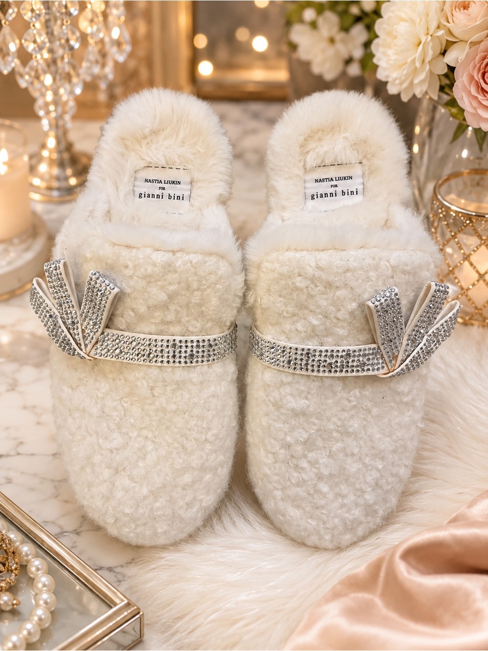 Nastia Liukin x Gianni Bini Ivory Faux-Shearling Slip-On Slippers w Crystal Bow